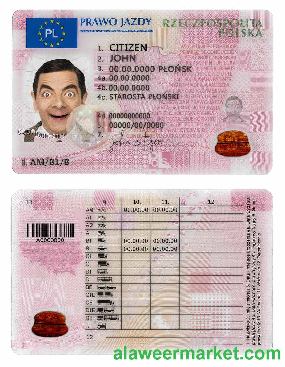 Poland driving license template in PSD format,fully editable,2019 present